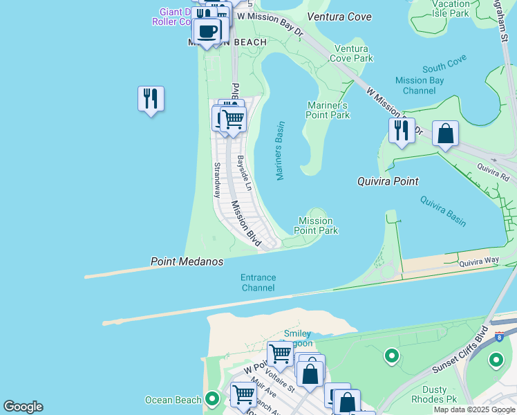 map of restaurants, bars, coffee shops, grocery stores, and more near 2694 Bayside Walk in San Diego
