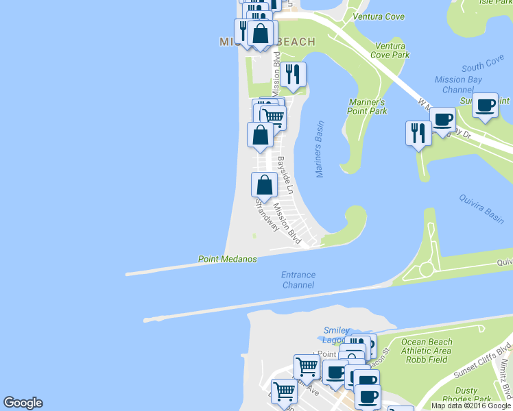 map of restaurants, bars, coffee shops, grocery stores, and more near 2711 Ocean Front Walk in San Diego