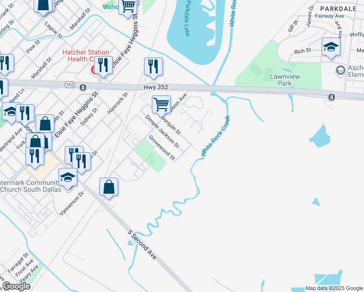 map of restaurants, bars, coffee shops, grocery stores, and more near 5348 Audrey Street in Dallas