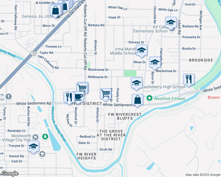 map of restaurants, bars, coffee shops, grocery stores, and more near 137 Merritt Street in Fort Worth