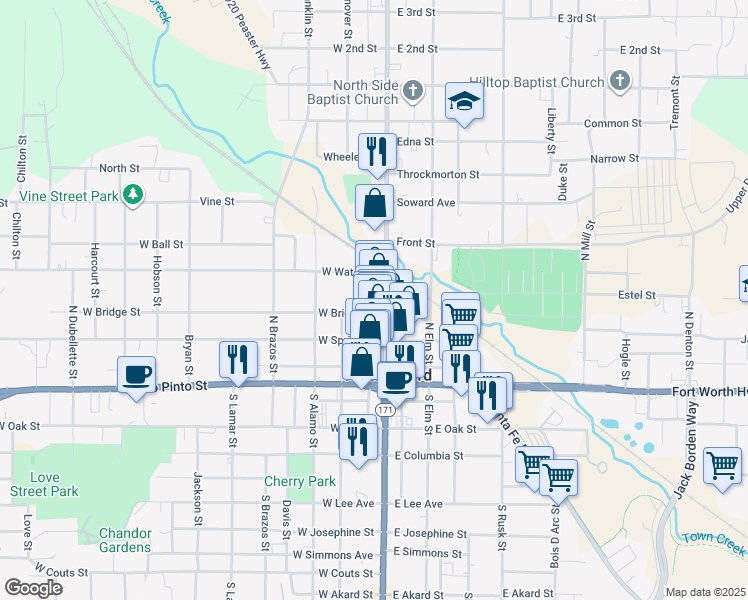 map of restaurants, bars, coffee shops, grocery stores, and more near 217 York Avenue in Weatherford