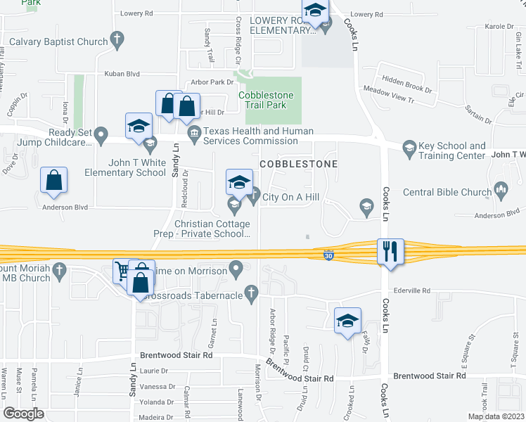 map of restaurants, bars, coffee shops, grocery stores, and more near 7600 Blue Carriage Lane in Fort Worth