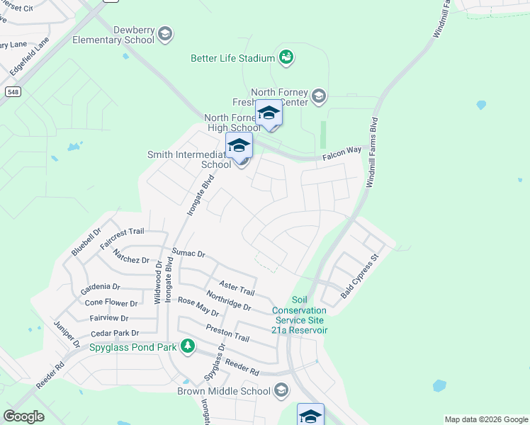 map of restaurants, bars, coffee shops, grocery stores, and more near 3107 Pembrooke Drive in Forney