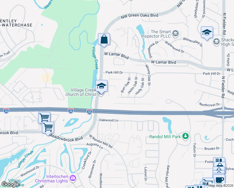 map of restaurants, bars, coffee shops, grocery stores, and more near 2204 Mossy Oak Street in Arlington
