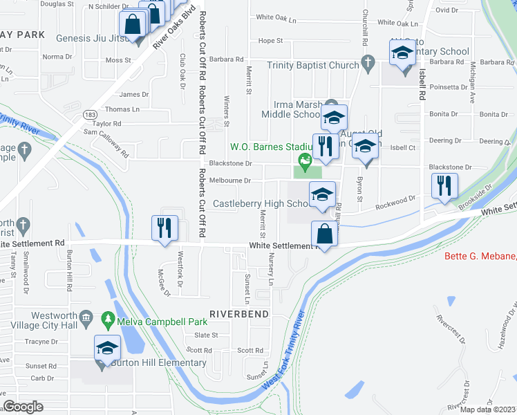 map of restaurants, bars, coffee shops, grocery stores, and more near 151 Merritt Street in Fort Worth