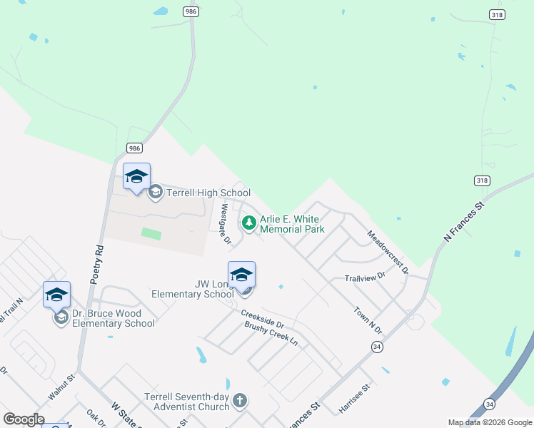 map of restaurants, bars, coffee shops, grocery stores, and more near 405 Town North Drive in Terrell