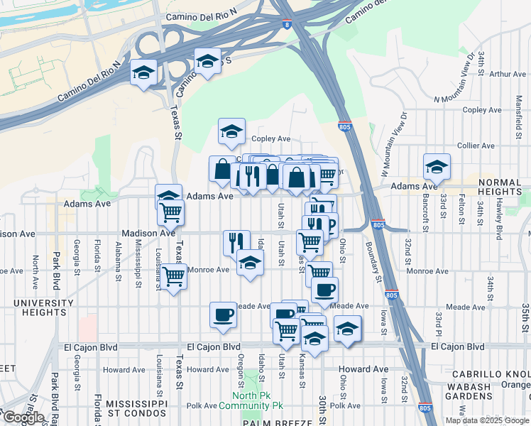 map of restaurants, bars, coffee shops, grocery stores, and more near 4623 Idaho Street in San Diego