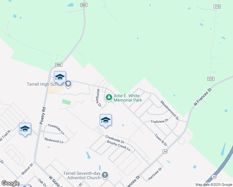 map of restaurants, bars, coffee shops, grocery stores, and more near 405 Town North Drive in Terrell