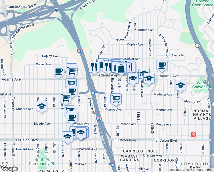 map of restaurants, bars, coffee shops, grocery stores, and more near 4639 32nd Street in San Diego