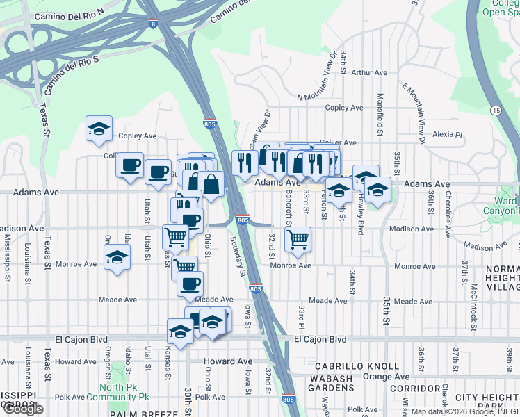 map of restaurants, bars, coffee shops, grocery stores, and more near 4639 Iowa Street in San Diego