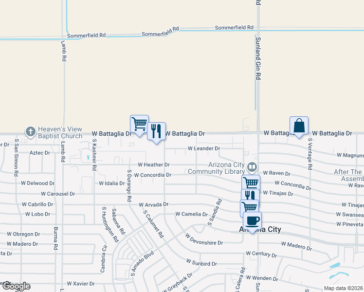 map of restaurants, bars, coffee shops, grocery stores, and more near 13059 South Lovato Circle in Arizona City