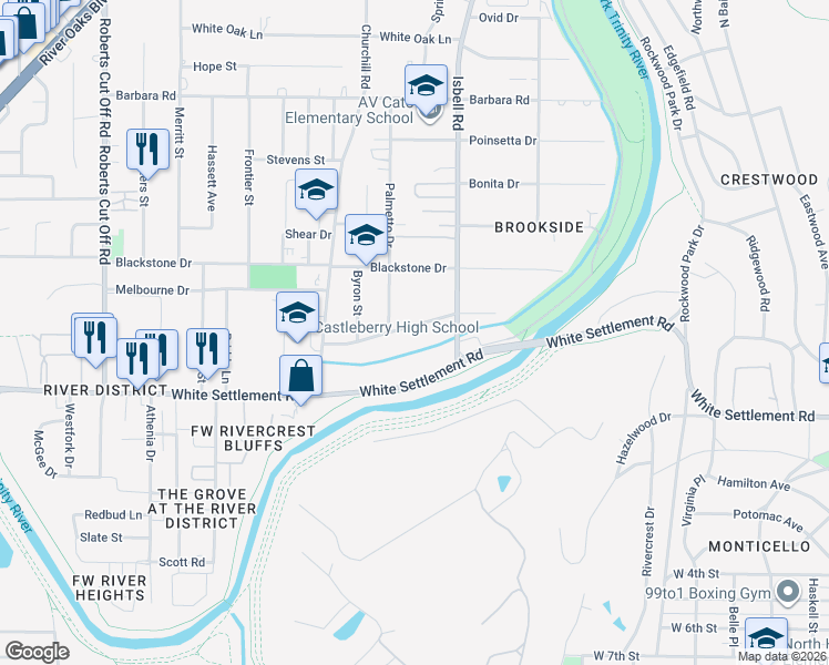 map of restaurants, bars, coffee shops, grocery stores, and more near 4601 Rockwood Drive in Fort Worth