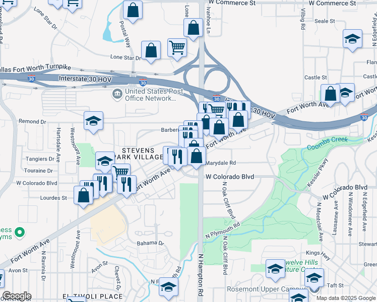 map of restaurants, bars, coffee shops, grocery stores, and more near 2127 Fort Worth Avenue in Dallas