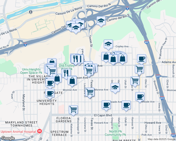 map of restaurants, bars, coffee shops, grocery stores, and more near 4666 Mission Avenue in San Diego