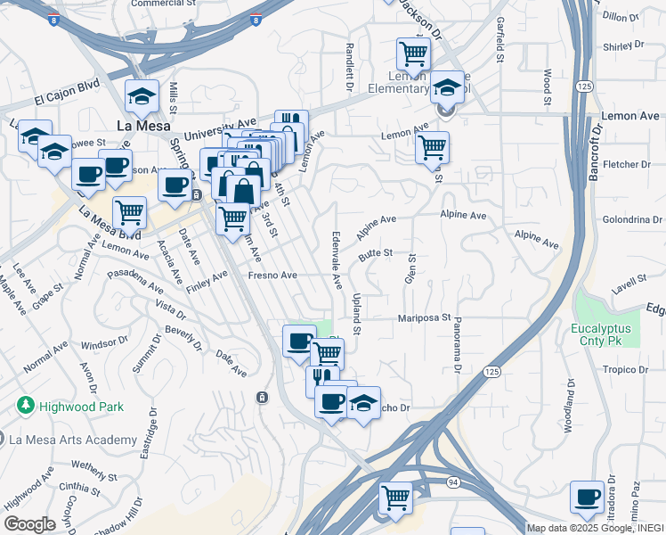 map of restaurants, bars, coffee shops, grocery stores, and more near 4606 Edenvale Avenue in La Mesa