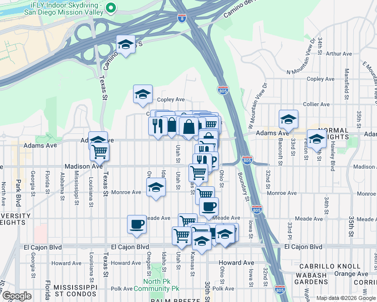 map of restaurants, bars, coffee shops, grocery stores, and more near 4656 Kansas Street in San Diego