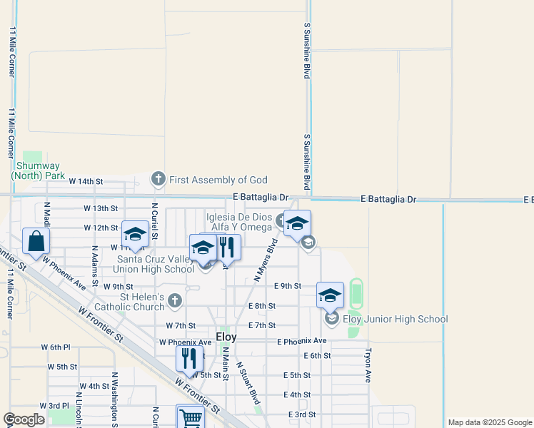 map of restaurants, bars, coffee shops, grocery stores, and more near 120 East 12th Street in Eloy