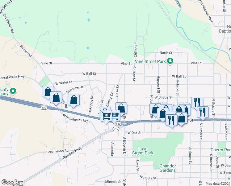 map of restaurants, bars, coffee shops, grocery stores, and more near 301 Case Street in Weatherford