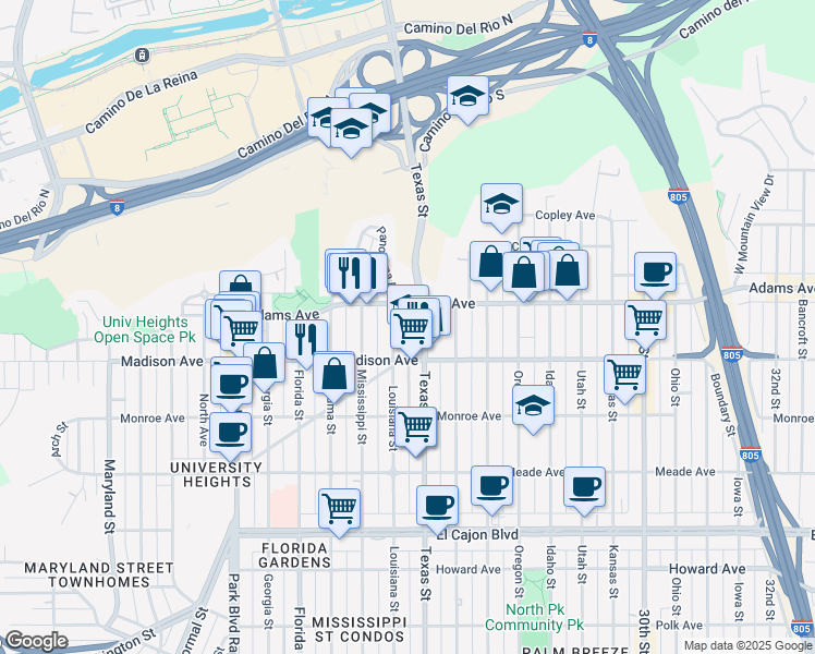 map of restaurants, bars, coffee shops, grocery stores, and more near 4666 Mission Avenue in San Diego