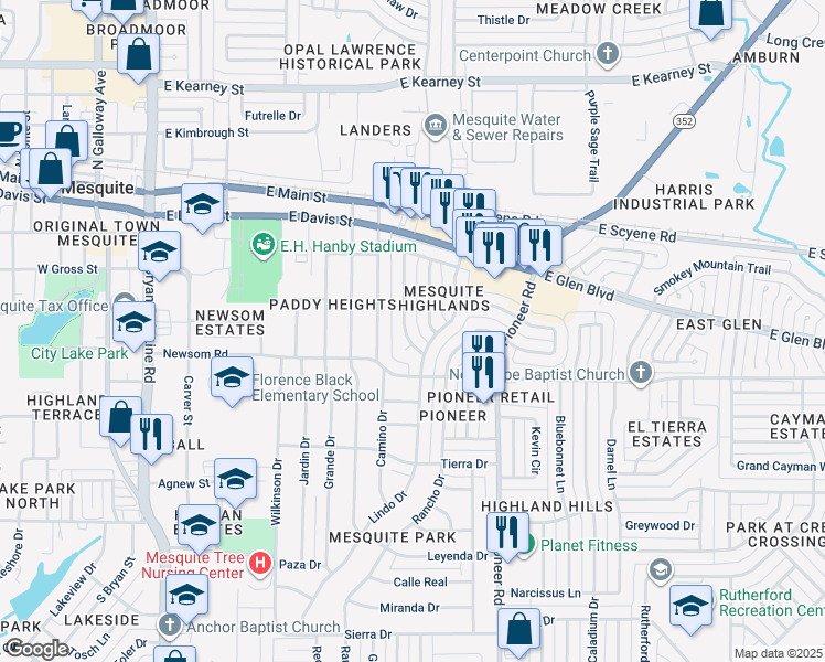 map of restaurants, bars, coffee shops, grocery stores, and more near 502 Birchwood Circle in Mesquite