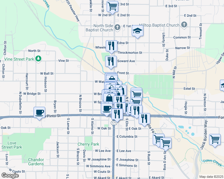 map of restaurants, bars, coffee shops, grocery stores, and more near 224 North Main Street in Weatherford