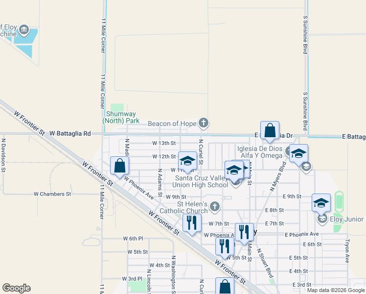 map of restaurants, bars, coffee shops, grocery stores, and more near 402 West 12th Street in Eloy