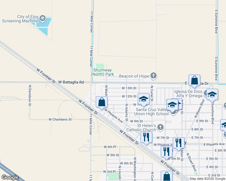 map of restaurants, bars, coffee shops, grocery stores, and more near 510 West 12th Street in Eloy
