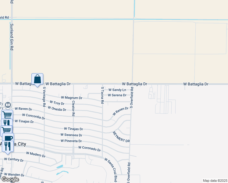 map of restaurants, bars, coffee shops, grocery stores, and more near 8311 West Serena Drive in Arizona City