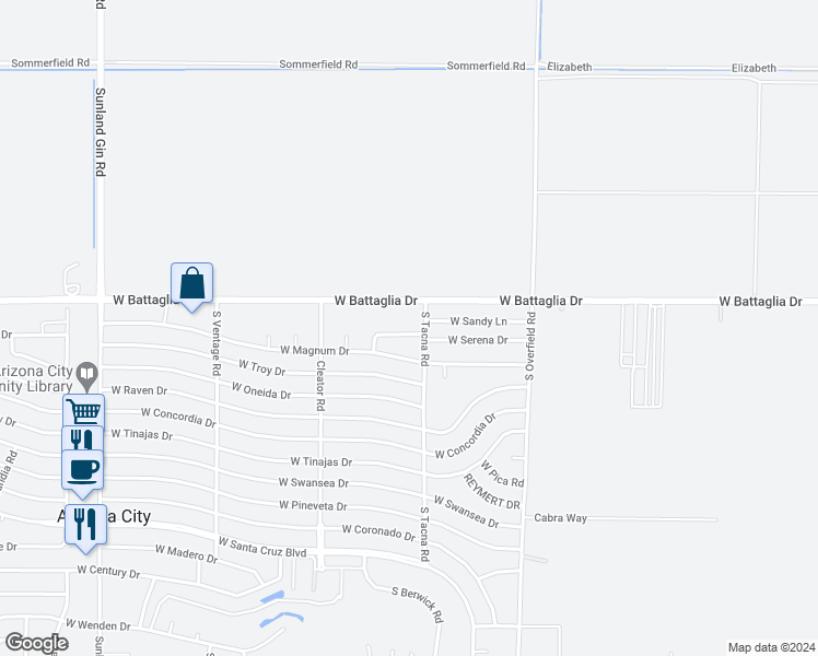 map of restaurants, bars, coffee shops, grocery stores, and more near 8435 West San Mateo Drive in Arizona City