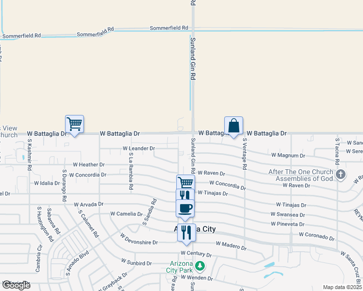 map of restaurants, bars, coffee shops, grocery stores, and more near 13035 South Laredo Road in Arizona City