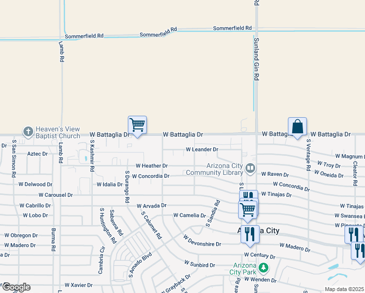 map of restaurants, bars, coffee shops, grocery stores, and more near 13059 South Lovato Circle in Arizona City