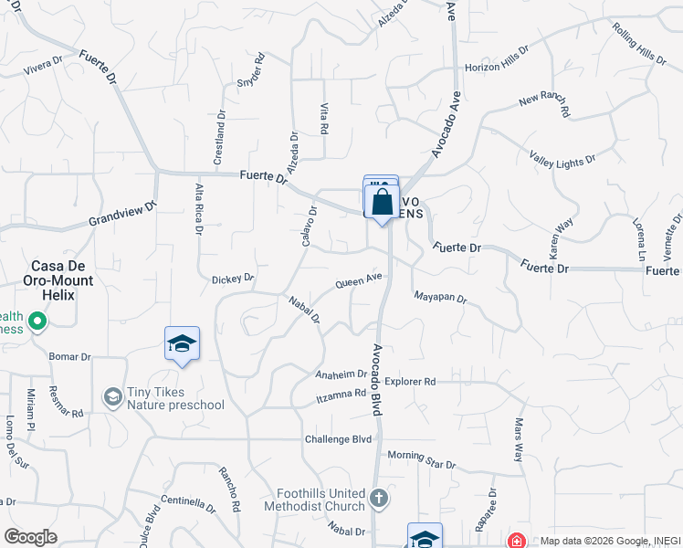 map of restaurants, bars, coffee shops, grocery stores, and more near 10728 Queen Avenue in La Mesa