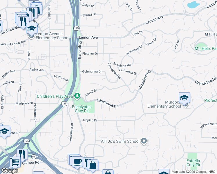 map of restaurants, bars, coffee shops, grocery stores, and more near 9325 Lavell Street in La Mesa