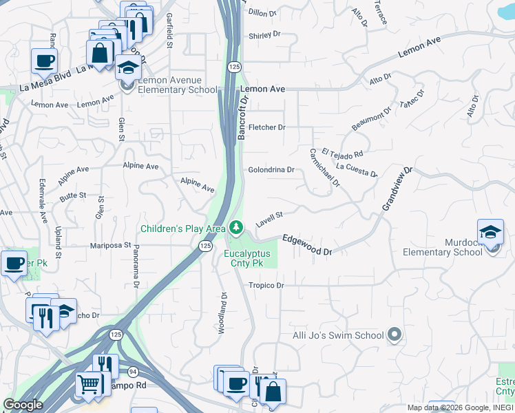 map of restaurants, bars, coffee shops, grocery stores, and more near 9184 Lavell Street in La Mesa