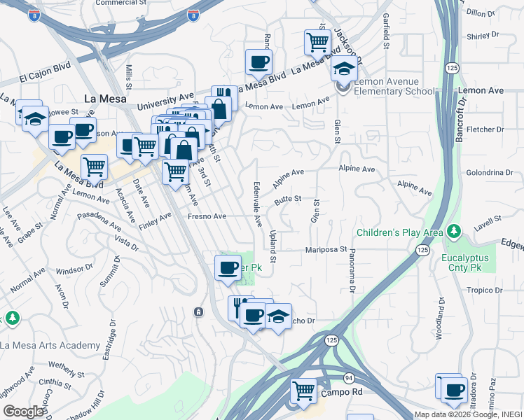 map of restaurants, bars, coffee shops, grocery stores, and more near 4528 Upland Street in La Mesa