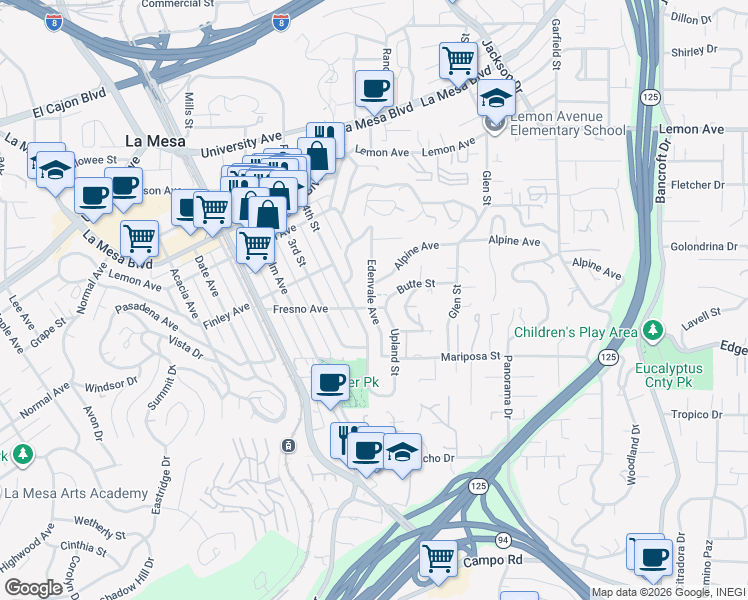 map of restaurants, bars, coffee shops, grocery stores, and more near 4528 Upland Street in La Mesa