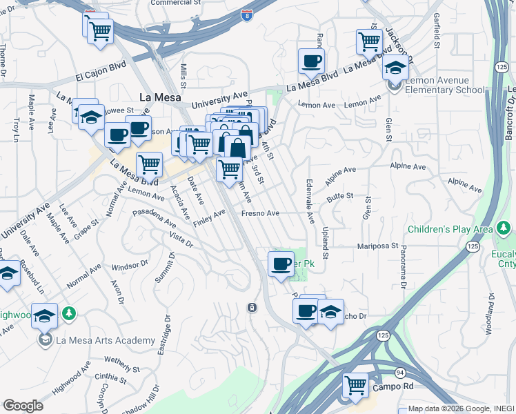 map of restaurants, bars, coffee shops, grocery stores, and more near in La Mesa