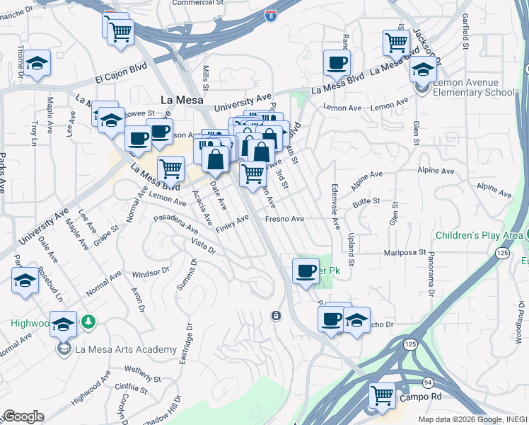 map of restaurants, bars, coffee shops, grocery stores, and more near 4551 Spring Street in La Mesa