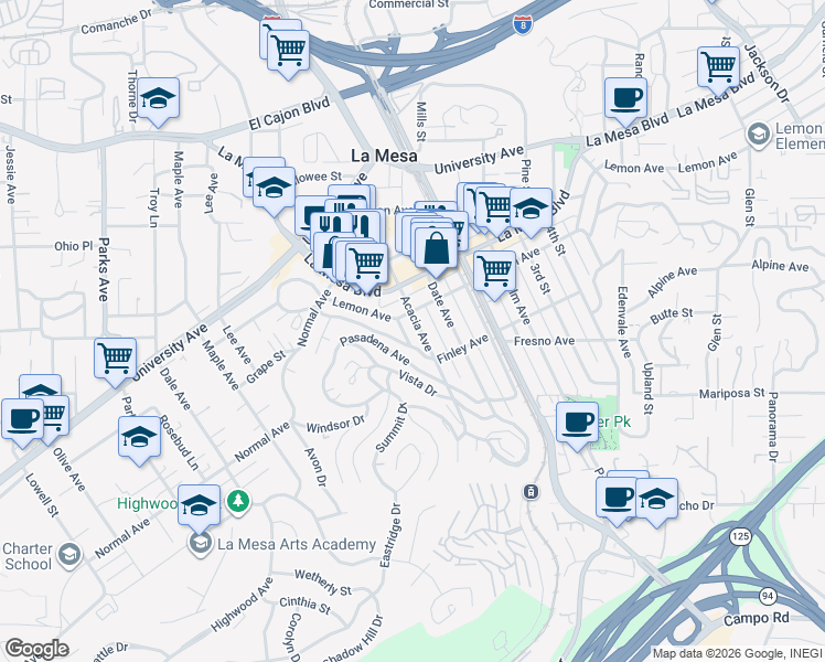 map of restaurants, bars, coffee shops, grocery stores, and more near 8147 Fairview Avenue in La Mesa