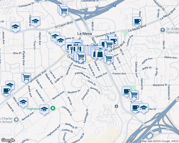 map of restaurants, bars, coffee shops, grocery stores, and more near 8147 Fairview Avenue in La Mesa