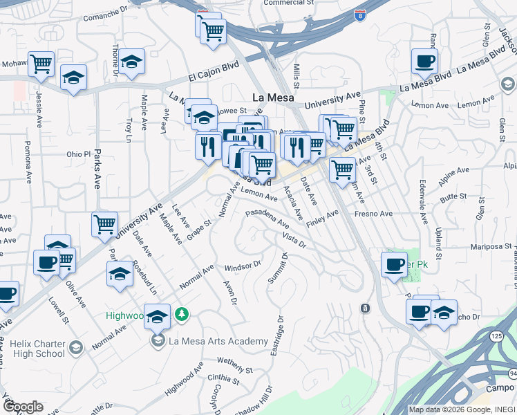 map of restaurants, bars, coffee shops, grocery stores, and more near 8041 Vista Drive in La Mesa