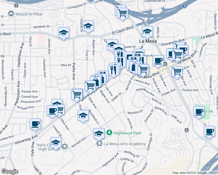 map of restaurants, bars, coffee shops, grocery stores, and more near 4539 Lee Avenue in La Mesa