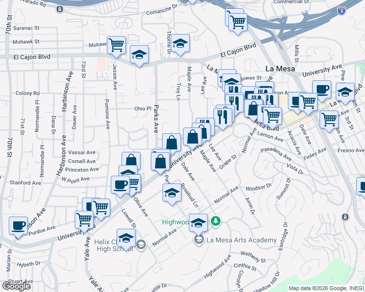 map of restaurants, bars, coffee shops, grocery stores, and more near 7708 University Avenue in La Mesa