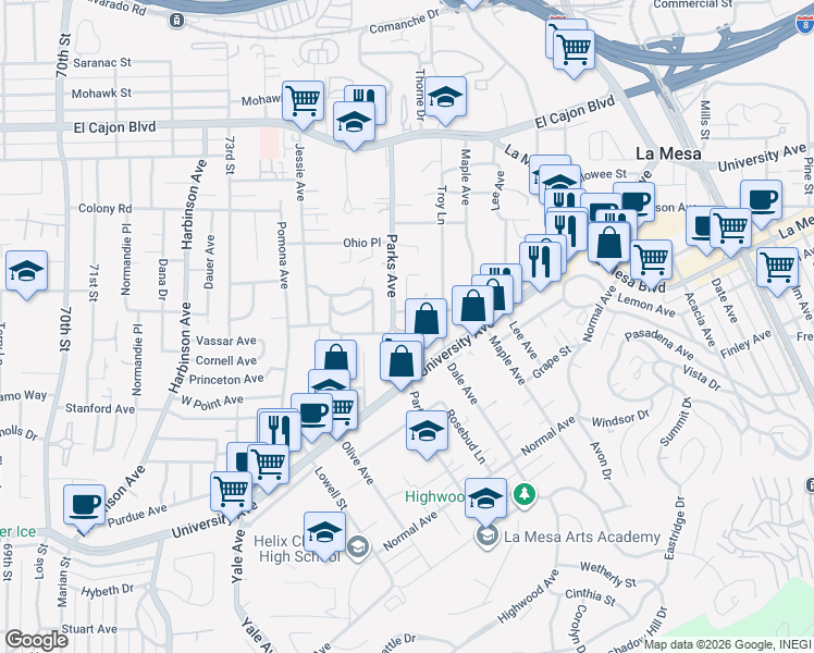 map of restaurants, bars, coffee shops, grocery stores, and more near 4545 Parks Avenue in La Mesa