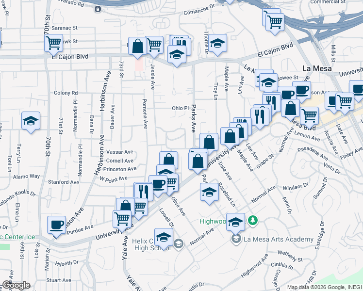map of restaurants, bars, coffee shops, grocery stores, and more near 7575 Seneca Place in La Mesa