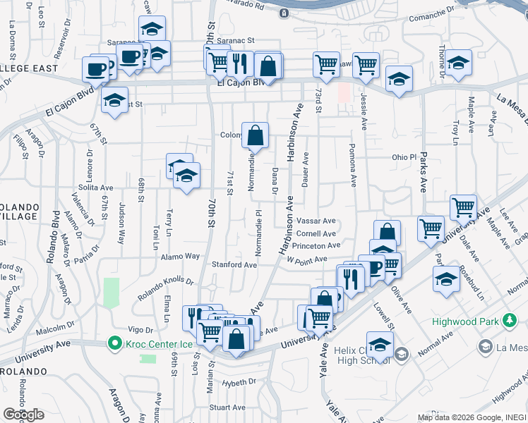 map of restaurants, bars, coffee shops, grocery stores, and more near 4544 Dana Drive in La Mesa