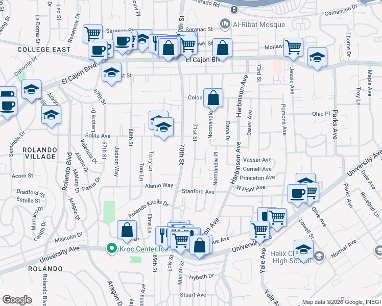 map of restaurants, bars, coffee shops, grocery stores, and more near 4535 70th Street in La Mesa