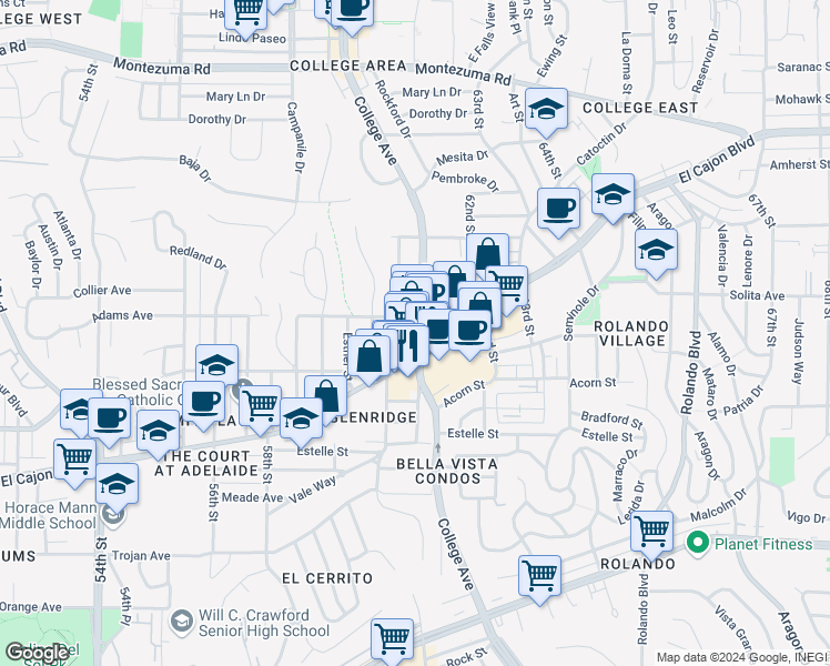 map of restaurants, bars, coffee shops, grocery stores, and more near in San Diego