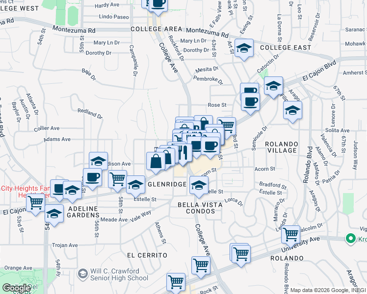 map of restaurants, bars, coffee shops, grocery stores, and more near in San Diego
