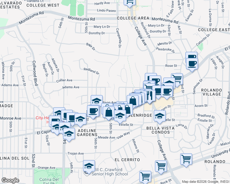 map of restaurants, bars, coffee shops, grocery stores, and more near 4634 Alice Street in San Diego